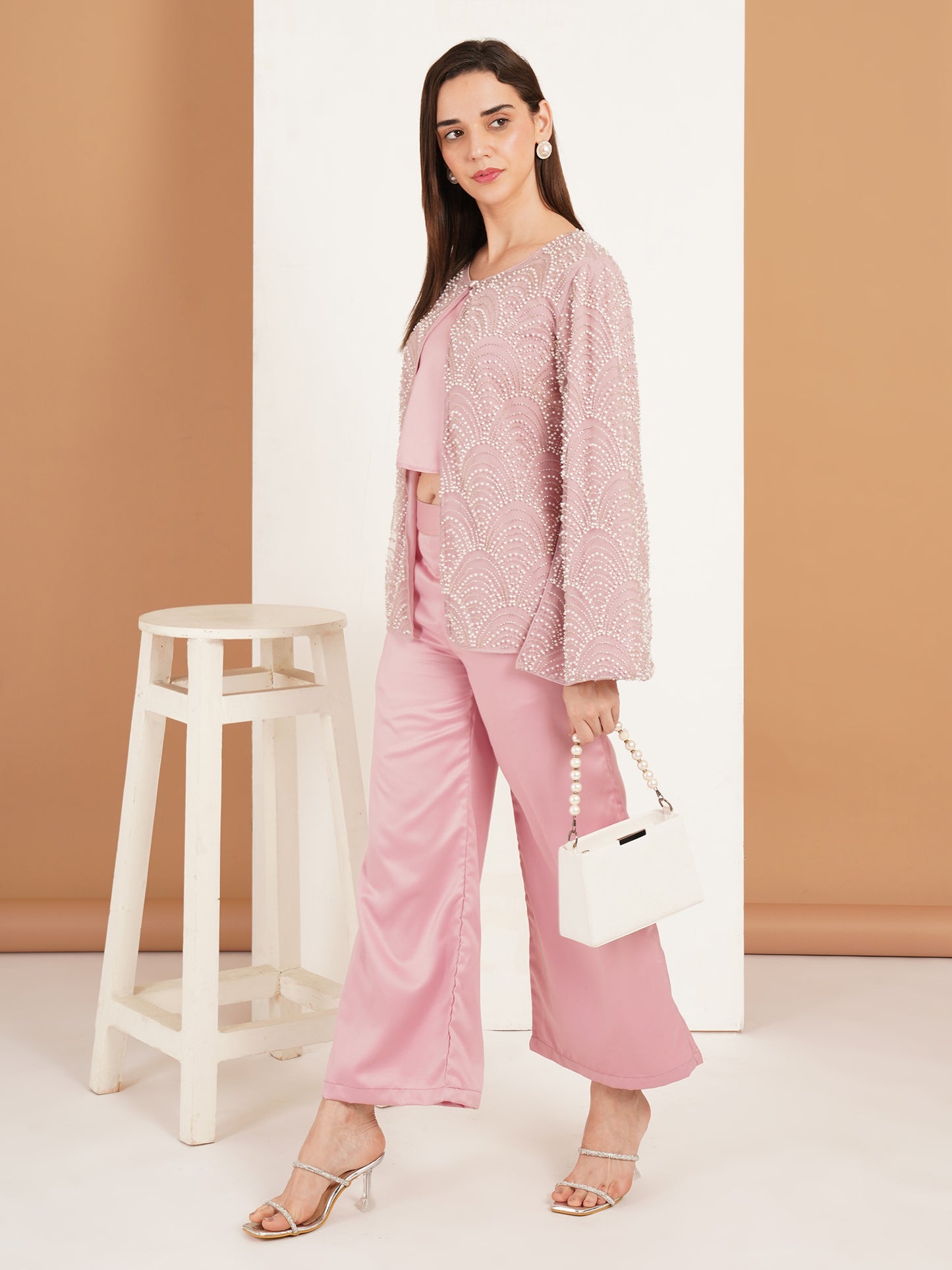 Pink Pearl Embellished Three Piece Co-Ord Set for Women – Designer Festive & Party Wear