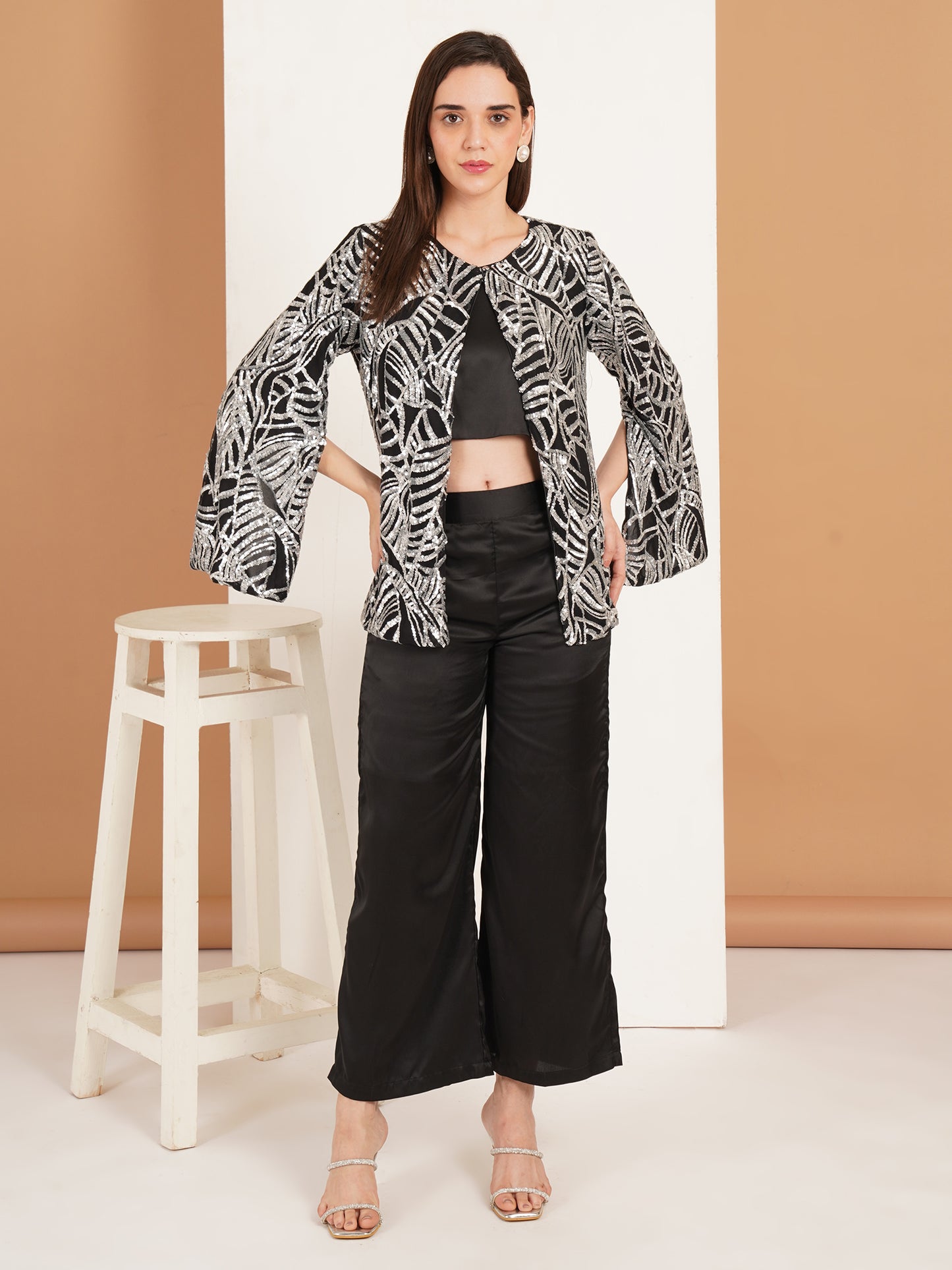 Black Sequin 3 Piece Co-Ord Set for Women | Partywear Jacket Top Pant Set