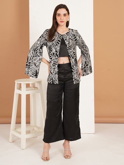 Black Sequin 3 Piece Co-Ord Set for Women | Partywear Jacket Top Pant Set