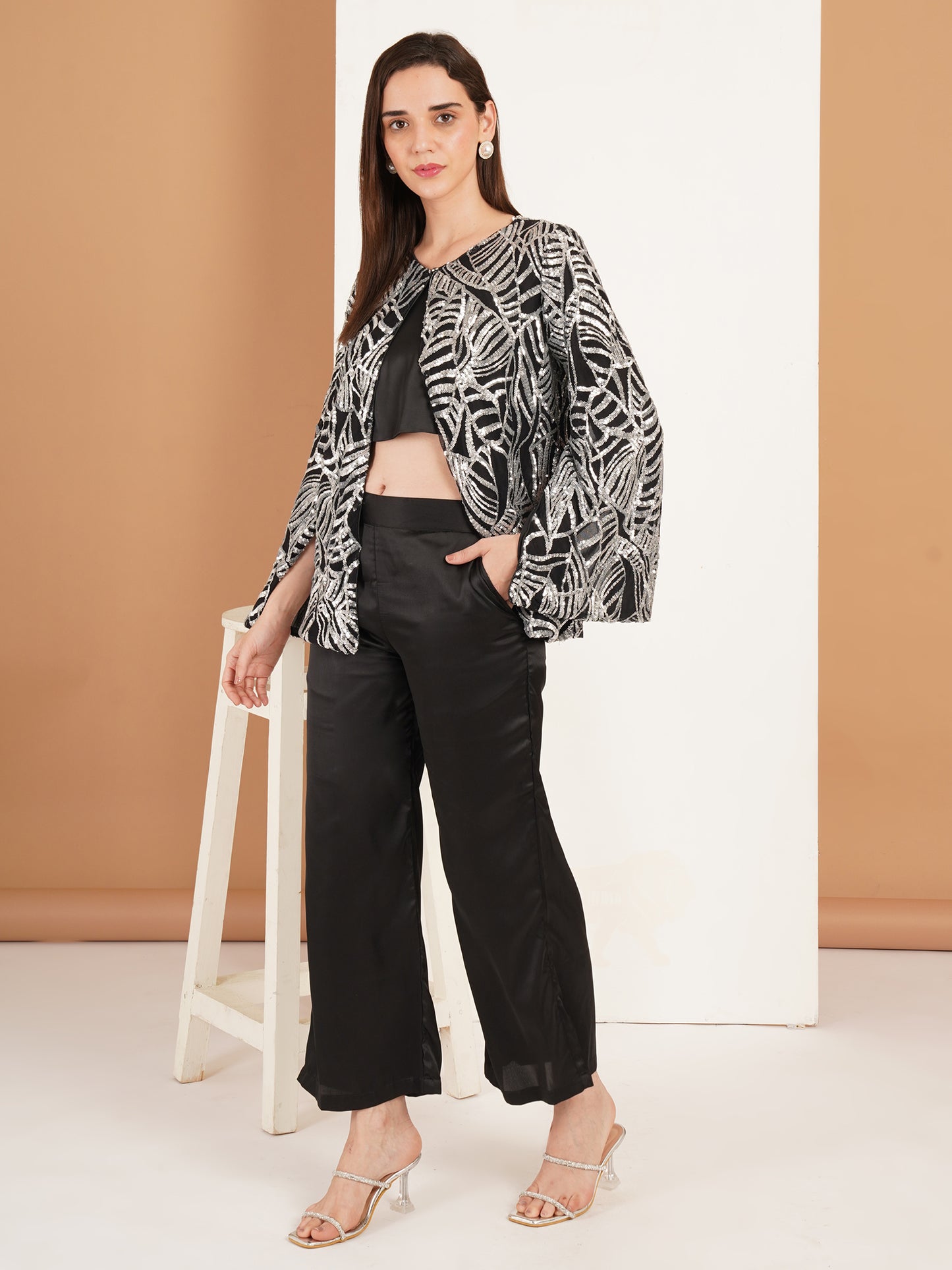 Black Sequin 3 Piece Co-Ord Set for Women | Partywear Jacket Top Pant Set