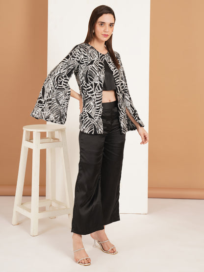 Black Sequin 3 Piece Co-Ord Set for Women | Partywear Jacket Top Pant Set
