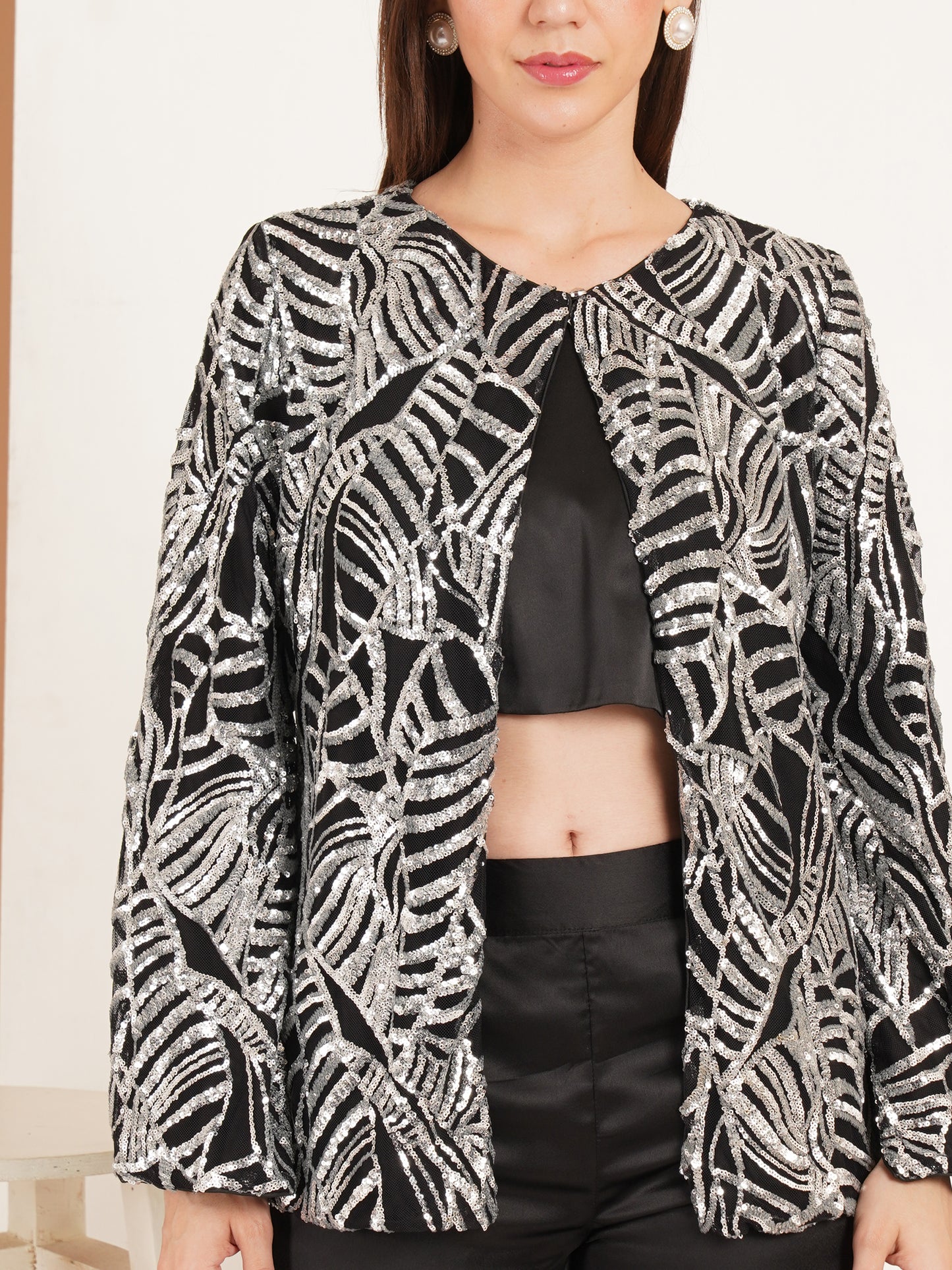 Black Sequin 3 Piece Co-Ord Set for Women | Partywear Jacket Top Pant Set