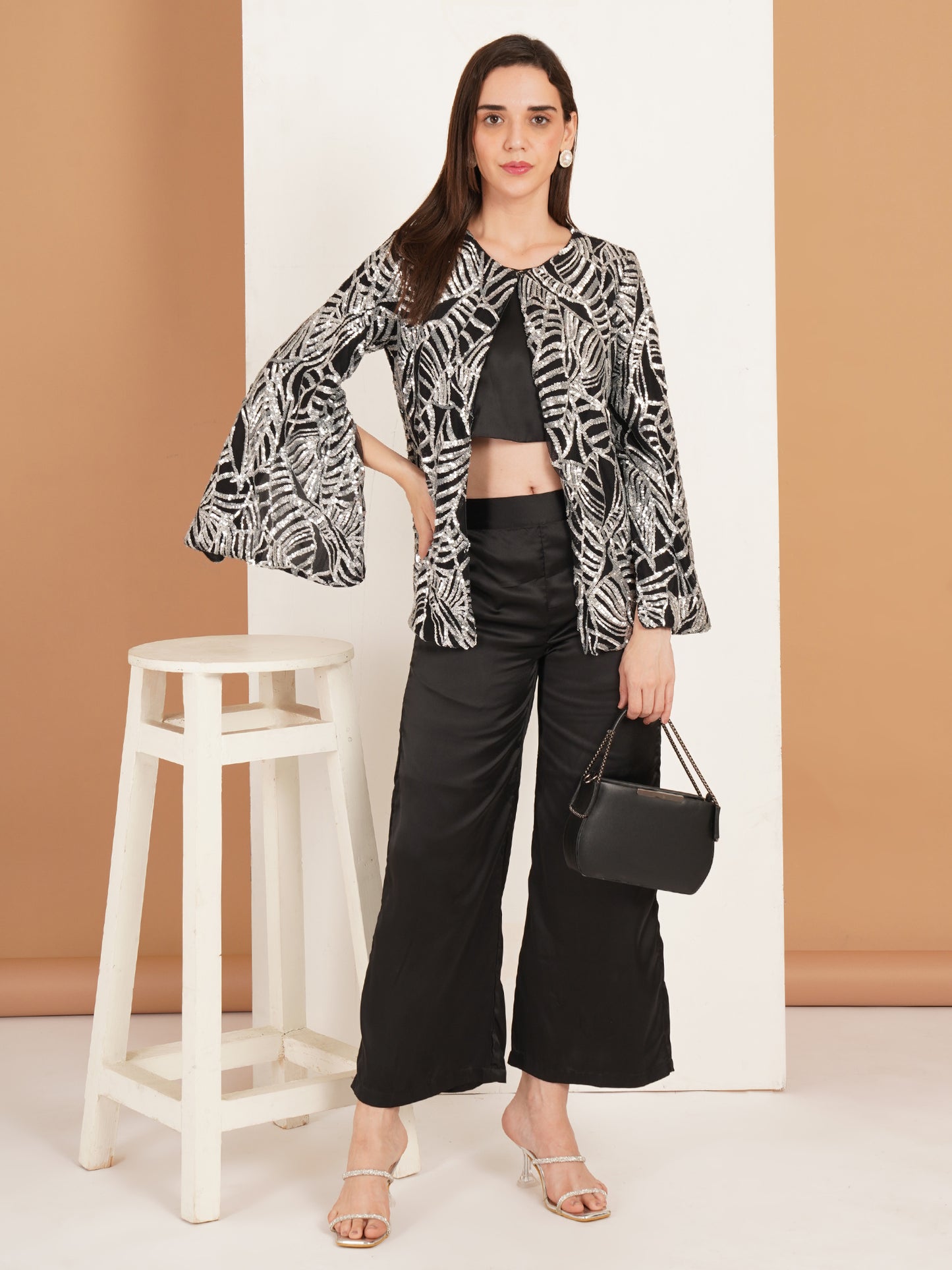 Black Sequin 3 Piece Co-Ord Set for Women | Partywear Jacket Top Pant Set