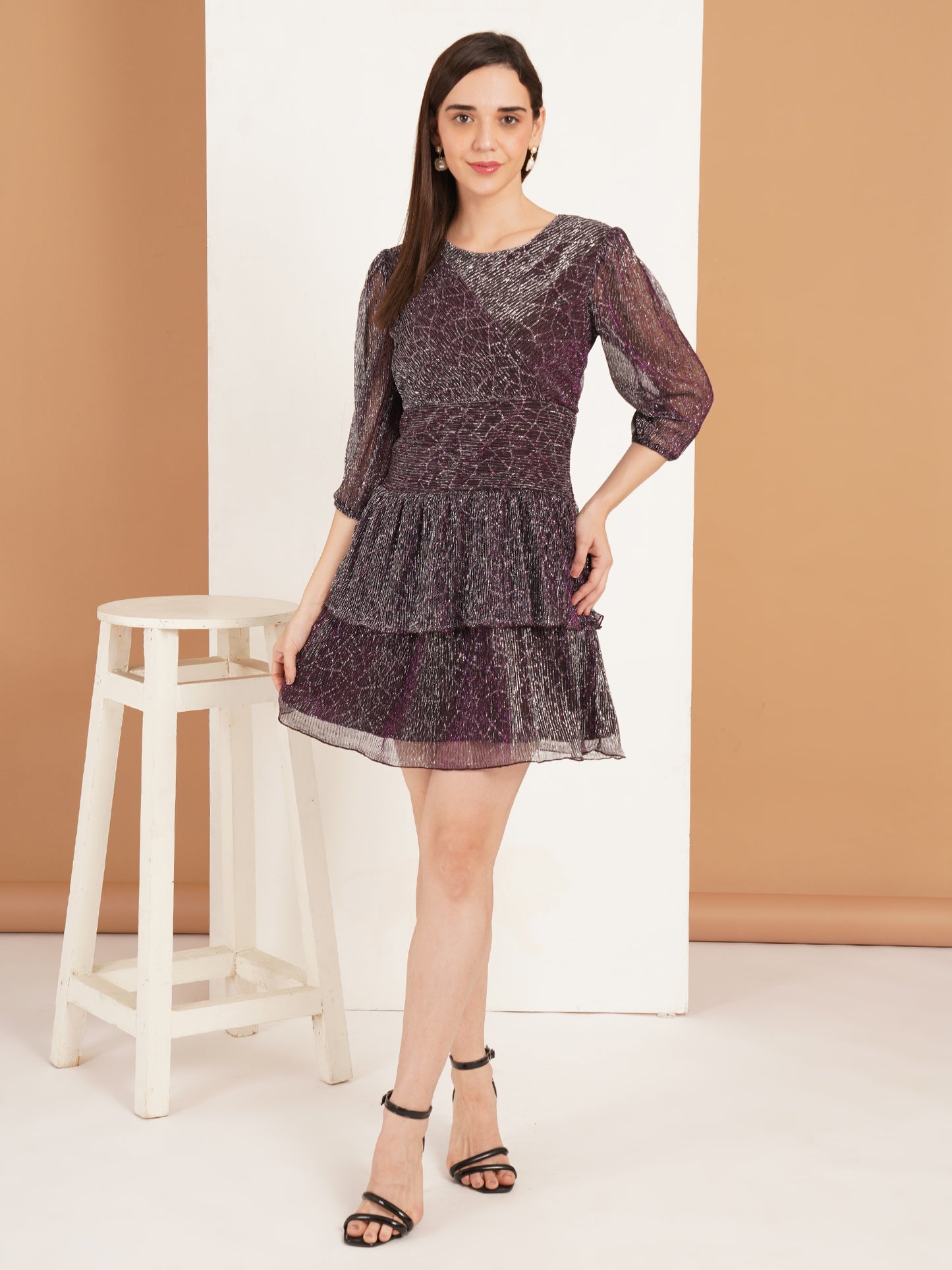 Purple Shimmer Party Dress | Layered Mini Dress for Women