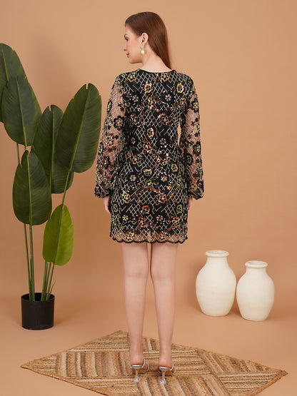 Black Floral Embroidered Mesh Party Wear Mini Dress for Women