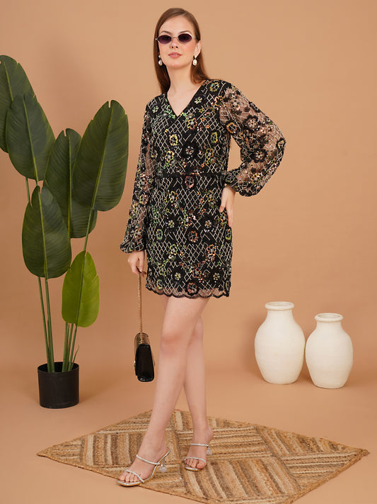 Black Floral Embroidered Mesh Party Wear Mini Dress for Women
