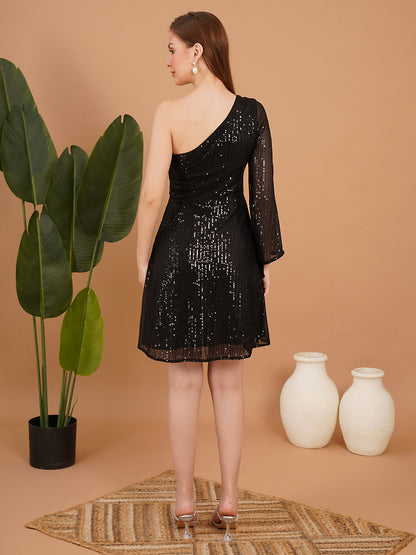 Black One Shoulder Sequin A-Line Dress – Elegant Party Dress for Women