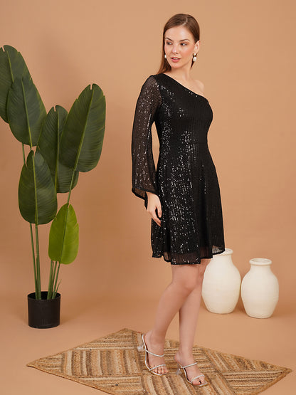 Black One Shoulder Sequin A-Line Dress – Elegant Party Dress for Women