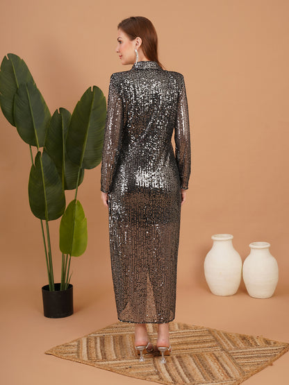 Black Sequin Wrap Midi Dress with Long Sleeves – Party Wear Dress for Women