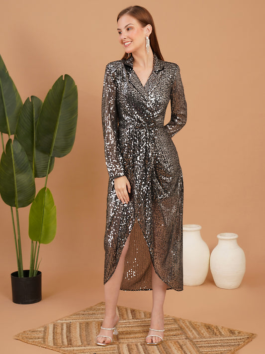 Black Sequin Wrap Midi Dress with Long Sleeves – Party Wear Dress for Women