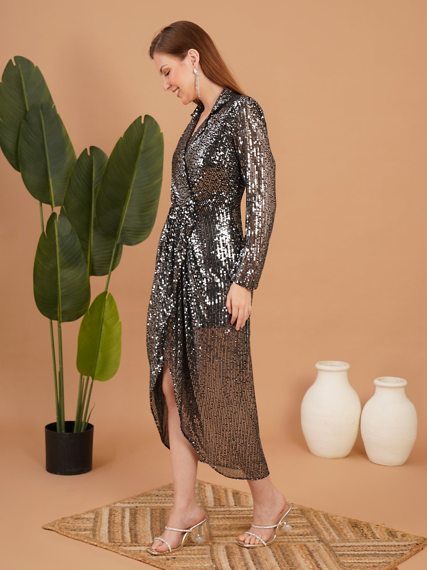 Black Sequin Wrap Midi Dress with Long Sleeves – Party Wear Dress for Women