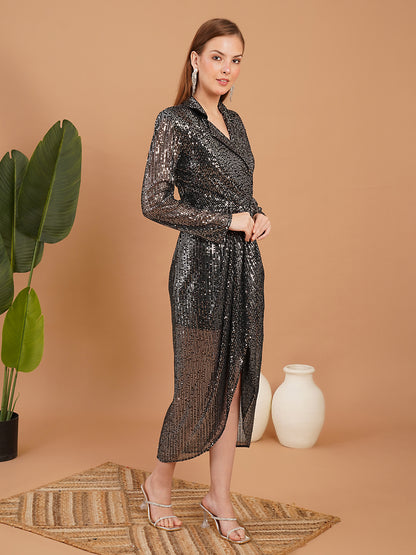 Black Sequin Wrap Midi Dress with Long Sleeves – Party Wear Dress for Women