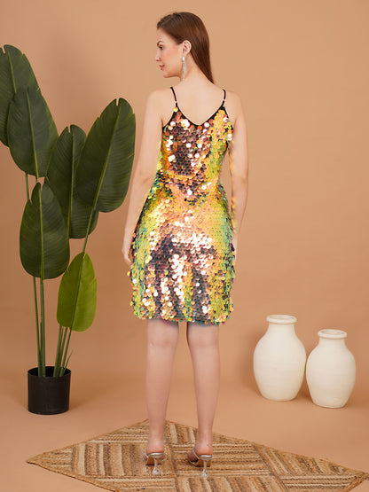 Golden Sequin Party Wear Mini Dress for Women