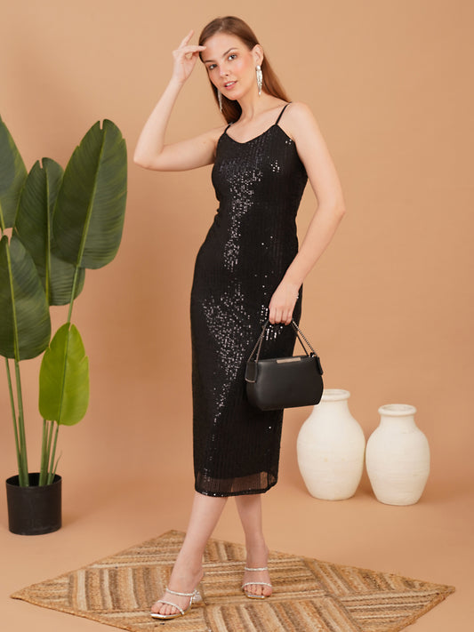Black Sequin Bodycon Midi Dress – Elegant Evening Party Wear