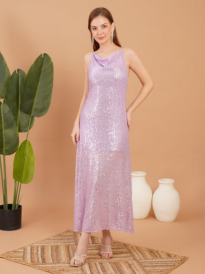 Lavender Sequin Halter Neck Maxi Dress – Elegant Party Wear