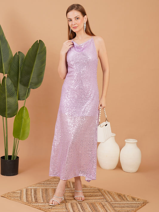 Lavender Sequin Halter Neck Maxi Dress – Elegant Party Wear