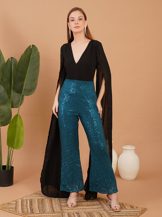 Black Cape Style Top with Teal Blue Sequin Flared Pants – Party Wear Jumpsuit