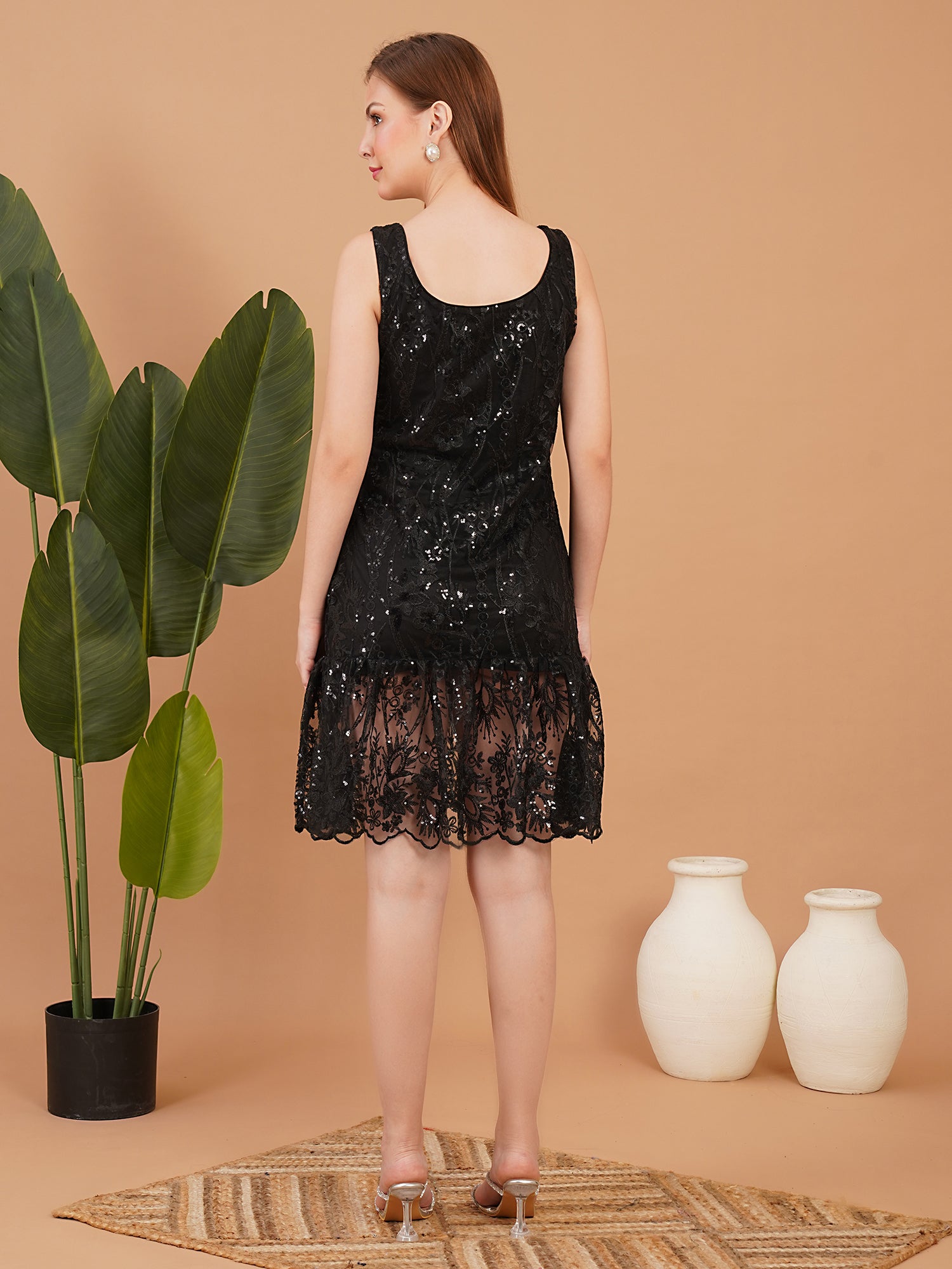 Black Lace Sequin Fit and Flare Mini Dress Elegant Party Dress for Women M Black Lace Sequin Fit and Flare Mini Dress Elegant Party Dress for Women M