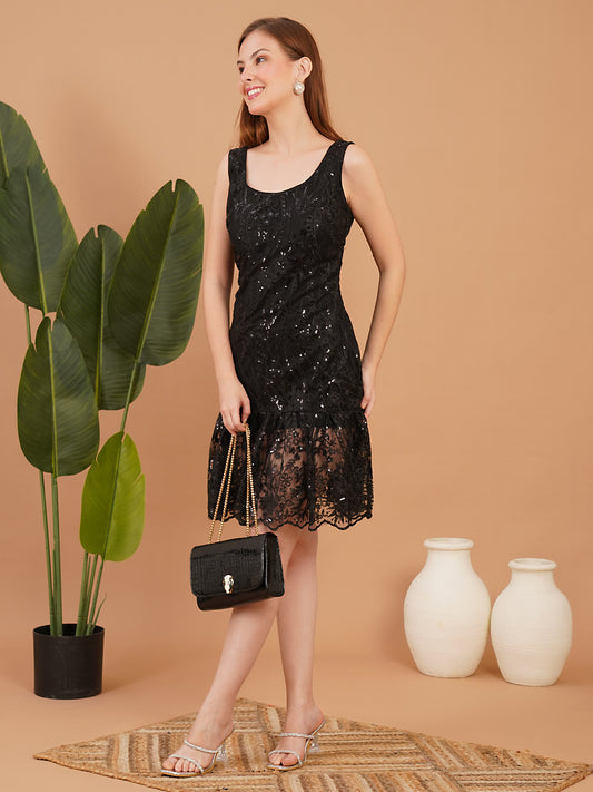 Black Lace Sequin Fit and Flare Mini Dress – Elegant Party Dress for Women