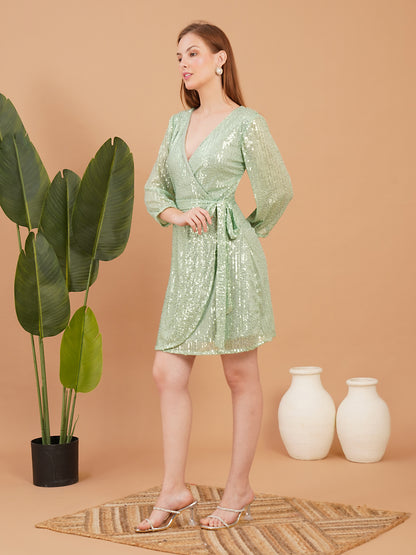 Mint Green Sequin Wrap Dress – Party Wear Short Dress for Women