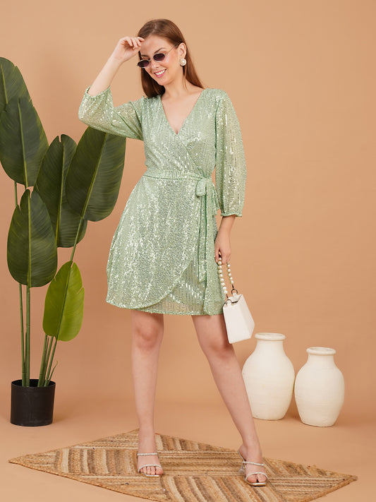 Mint Green Sequin Wrap Dress – Party Wear Short Dress for Women