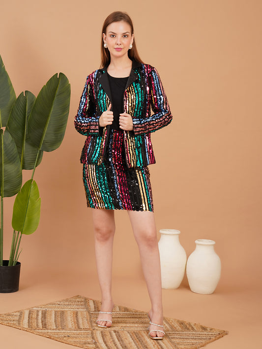 Multicolor Sequin Blazer and Skirt Set for Women – Party Wear Co-Ord Outfit