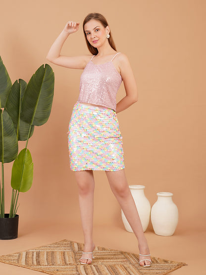 Pink Sequin Crop Top with Iridescent Sequin Mini Skirt – Party Wear Co-Ord Set for Women