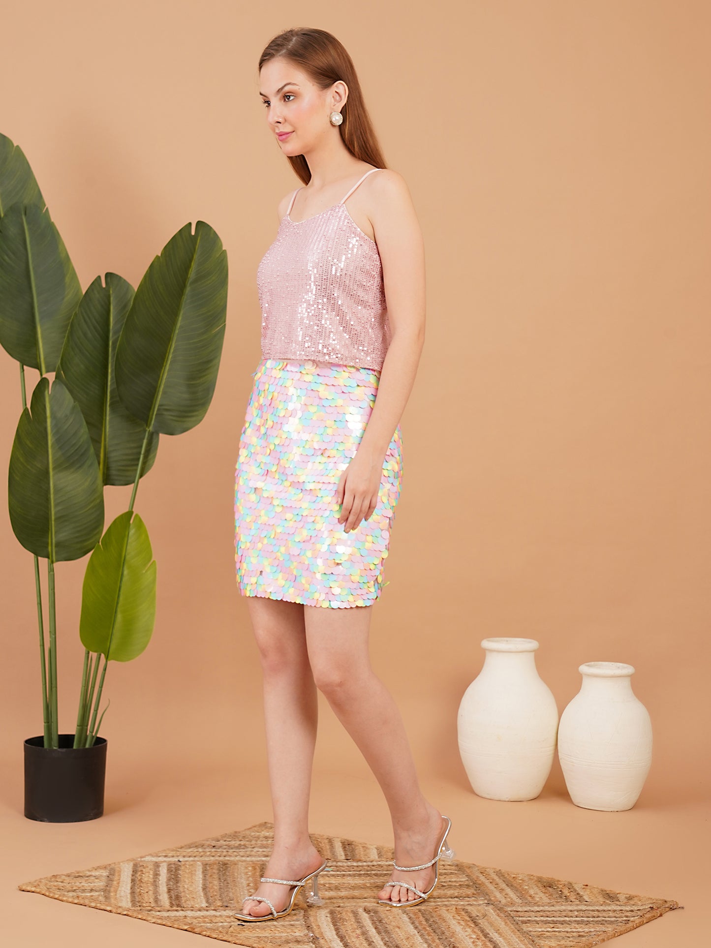 Pink Sequin Crop Top with Iridescent Sequin Mini Skirt – Party Wear Co-Ord Set for Women
