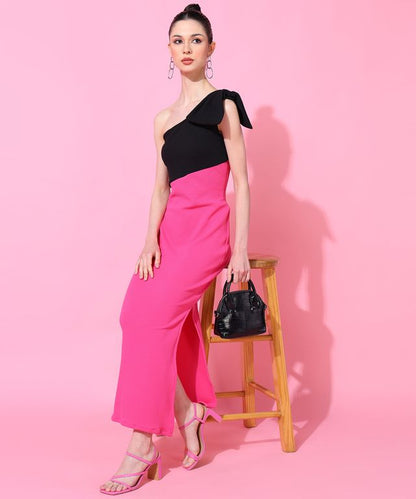 Pink & Black One-Shoulder Colorblock Midi Dress