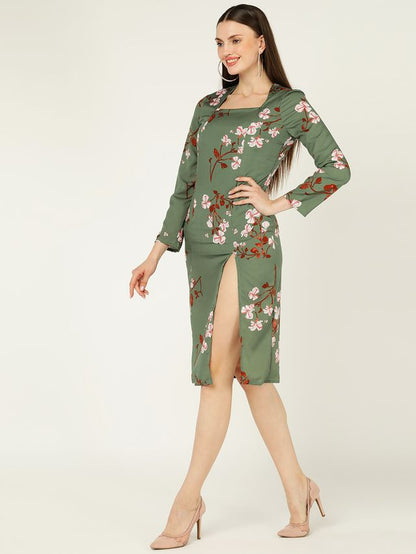 Green Floral Bodycon Dress with Square Neck & Side Slit