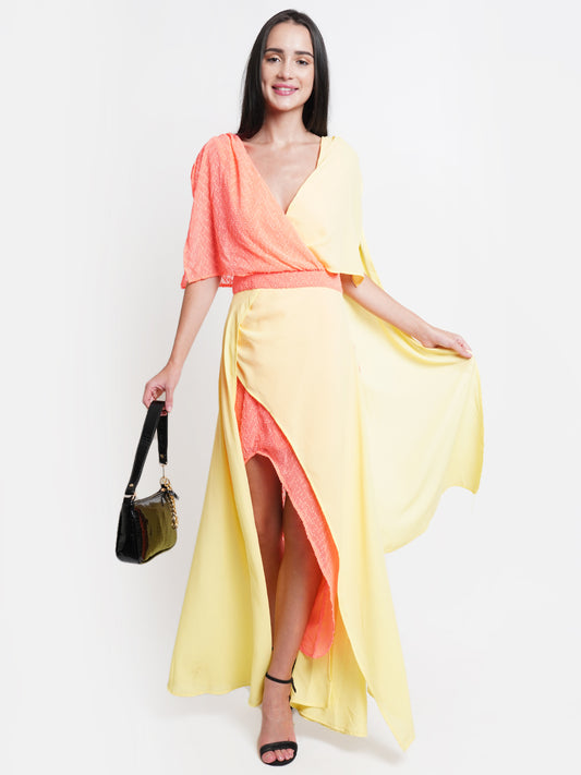 Yellow and Coral Colorblock Wrap Maxi Dress for Women | Slit Style Party Gown
