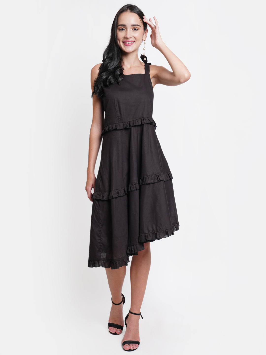 Black Sleeveless Ruffle Tiered Midi Dress for Women | Casual Summer Dress