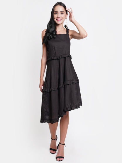 Black Sleeveless Ruffle Tiered Midi Dress for Women | Casual Summer Dress