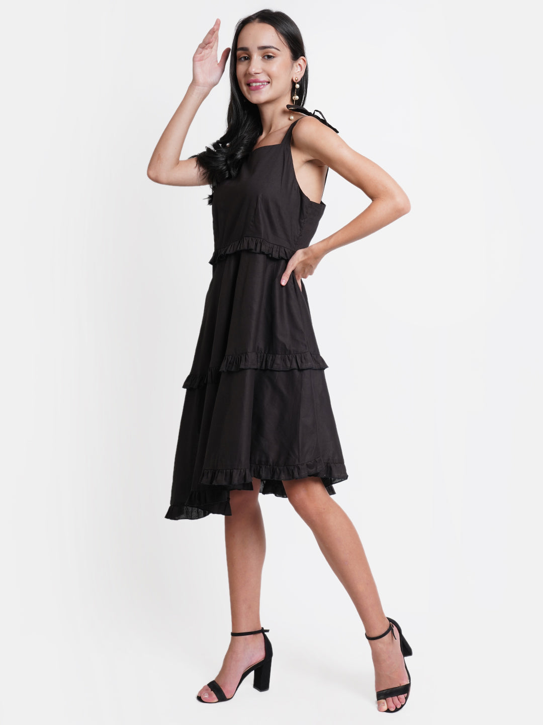 Black Sleeveless Ruffle Tiered Midi Dress for Women | Casual Summer Dress