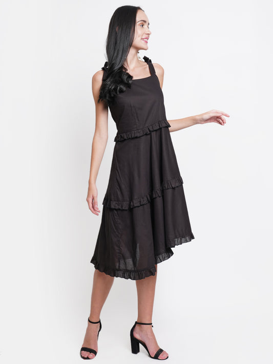 Black Sleeveless Ruffle Tiered Midi Dress for Women | Casual Summer Dress