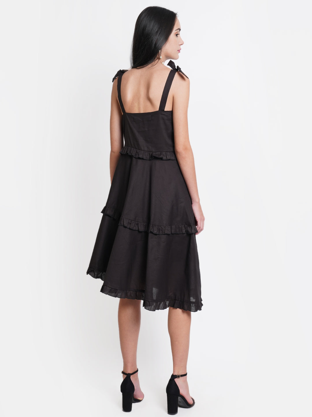 Black Sleeveless Ruffle Tiered Midi Dress for Women | Casual Summer Dress