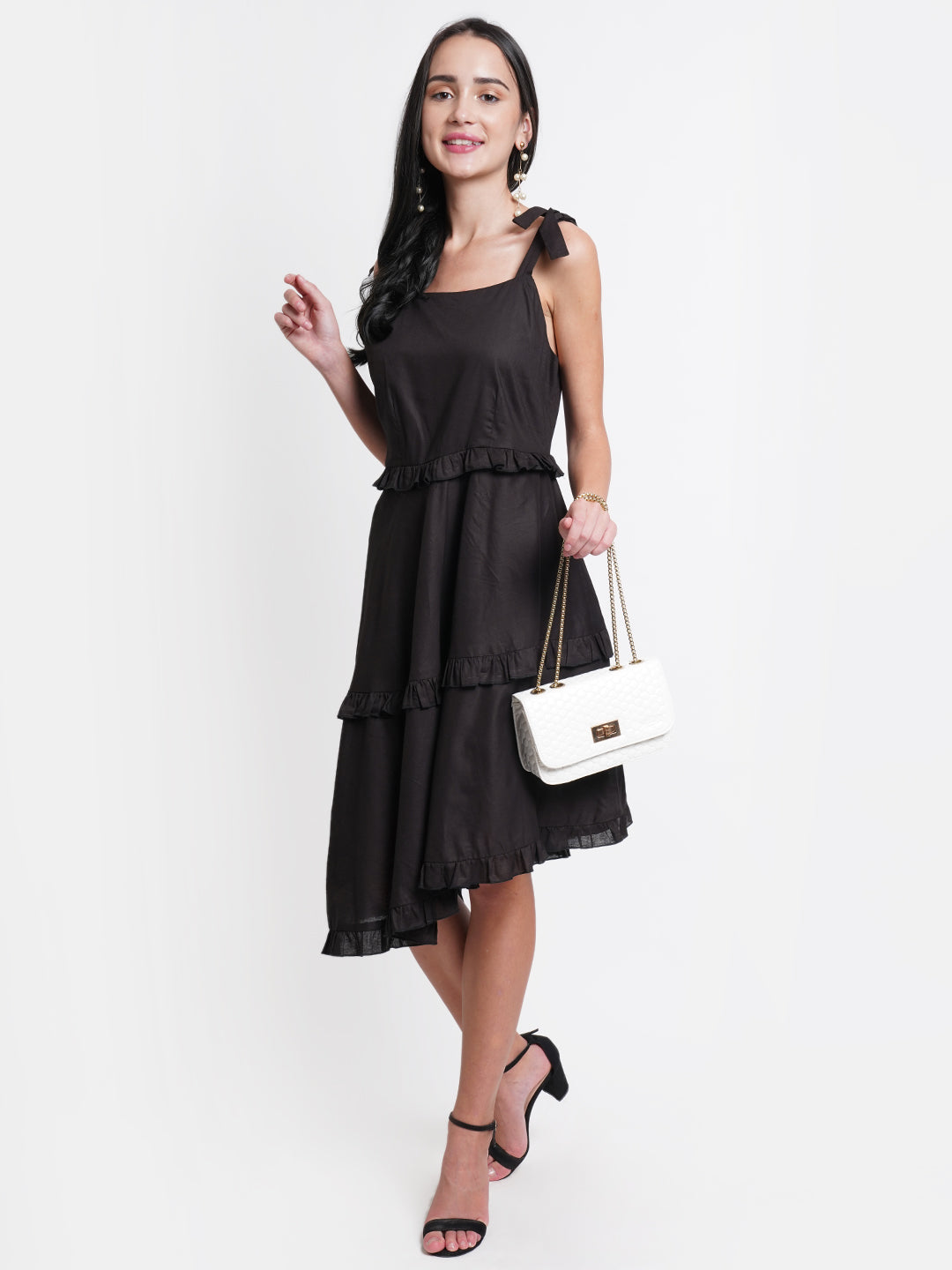 Black Sleeveless Ruffle Tiered Midi Dress for Women | Casual Summer Dress
