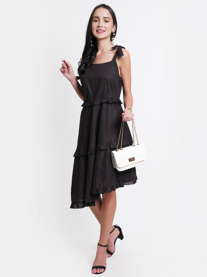 Black Sleeveless Ruffle Tiered Midi Dress for Women | Casual Summer Dress