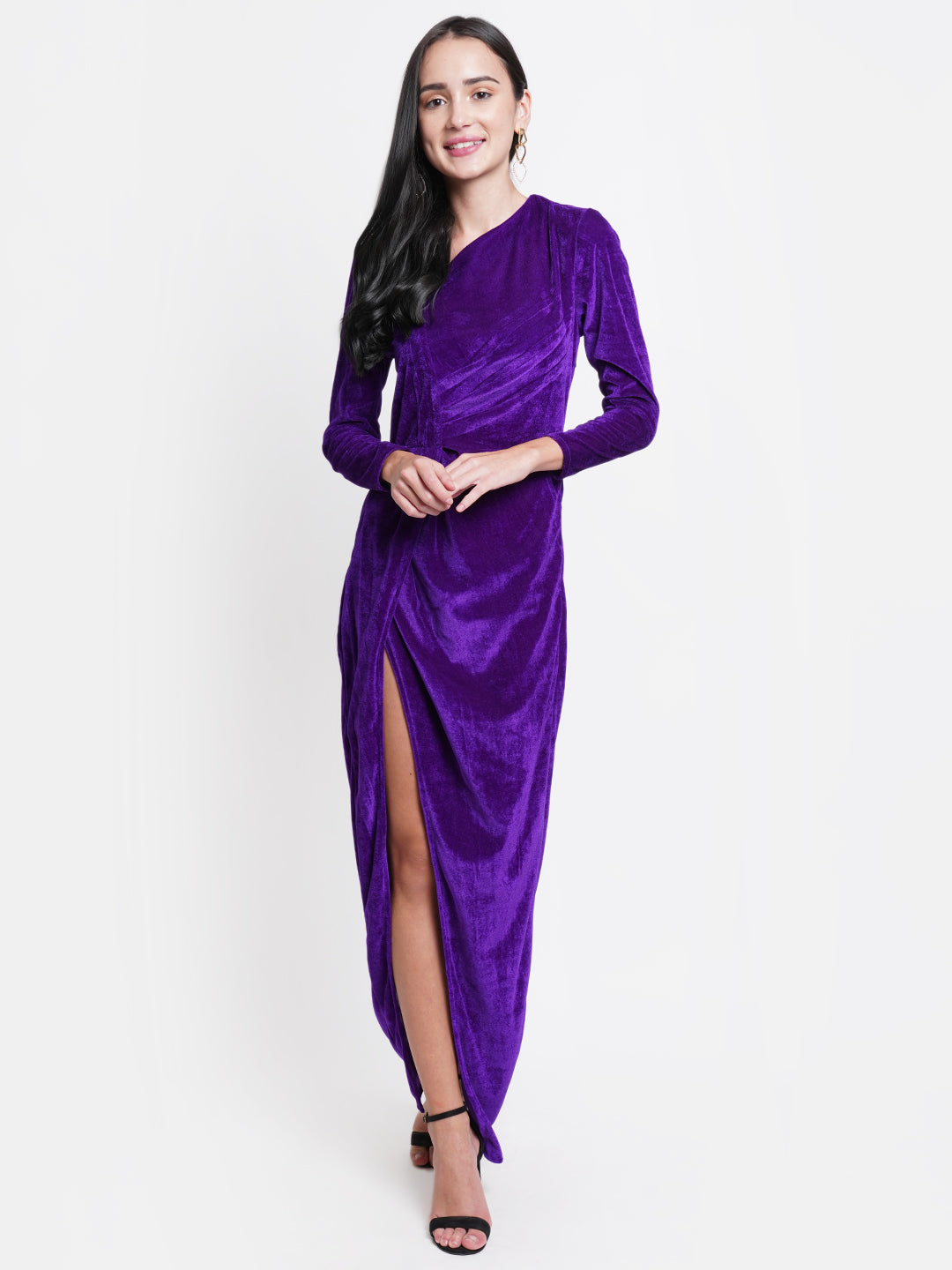 Purple Velvet Thigh High Slit Evening Gown for Women | Full Sleeve Party Dress