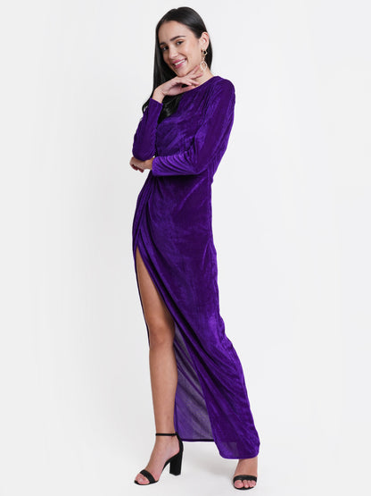 Purple Velvet Thigh High Slit Evening Gown for Women | Full Sleeve Party Dress