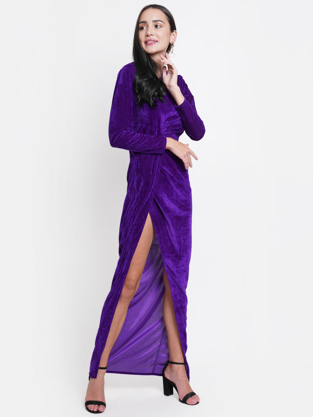 Purple Velvet Thigh High Slit Evening Gown for Women | Full Sleeve Party Dress