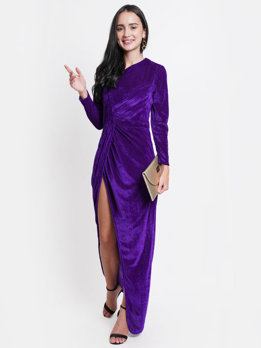 Purple Velvet Thigh High Slit Evening Gown for Women | Full Sleeve Party Dress