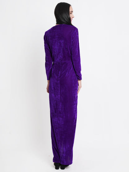 Purple Velvet Thigh High Slit Evening Gown for Women | Full Sleeve Party Dress