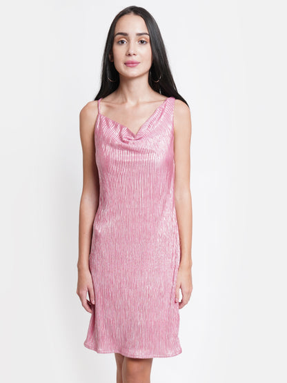 Pink Metallic Shimmer Dress for Women | Sleeveless Cowl Neck Partywear