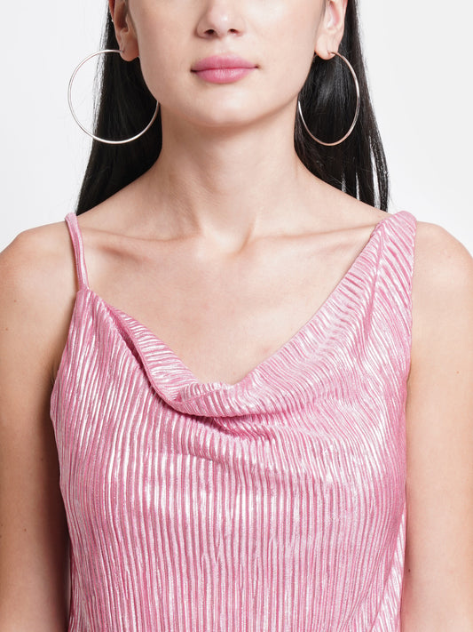 Pink Metallic Shimmer Dress for Women | Sleeveless Cowl Neck Partywear