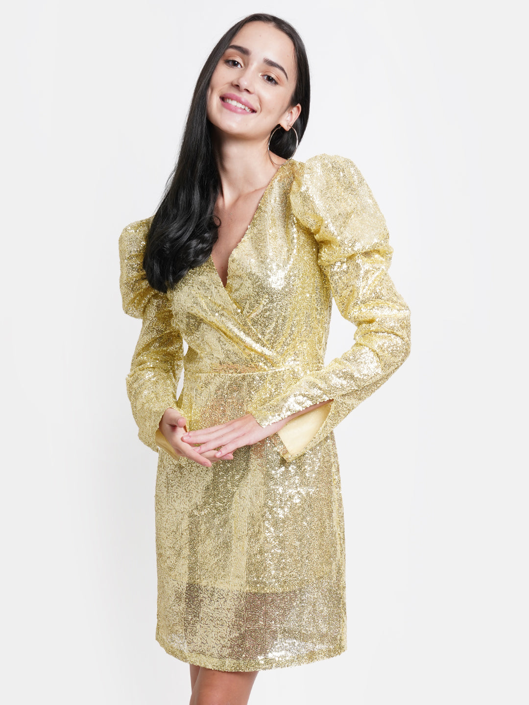 Gold Sequin Puff Sleeve Mini Dress for Women – V-Neck Glam Party Wear Outfit