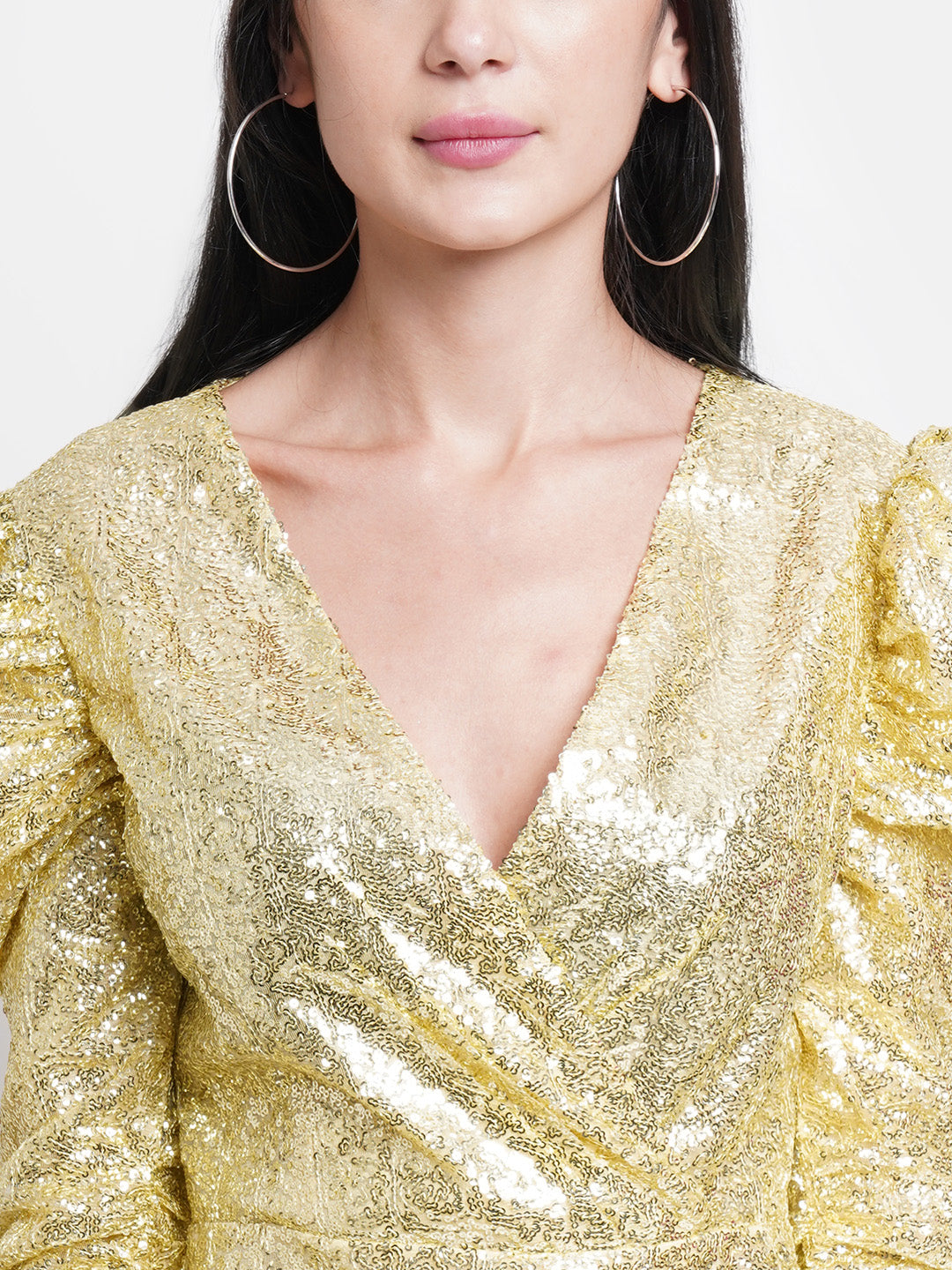 Gold Sequin Puff Sleeve Mini Dress for Women – V-Neck Glam Party Wear Outfit
