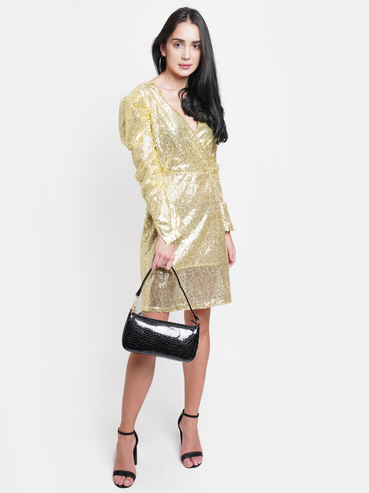 Gold Sequin Puff Sleeve Mini Dress for Women – V-Neck Glam Party Wear Outfit
