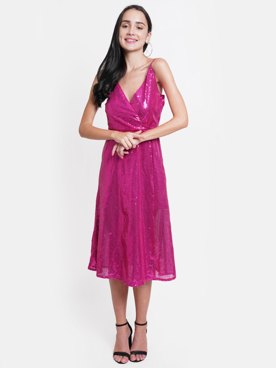 Hot Pink Sequin Midi Dress - V-Neck, Sleeveless, Party Ready