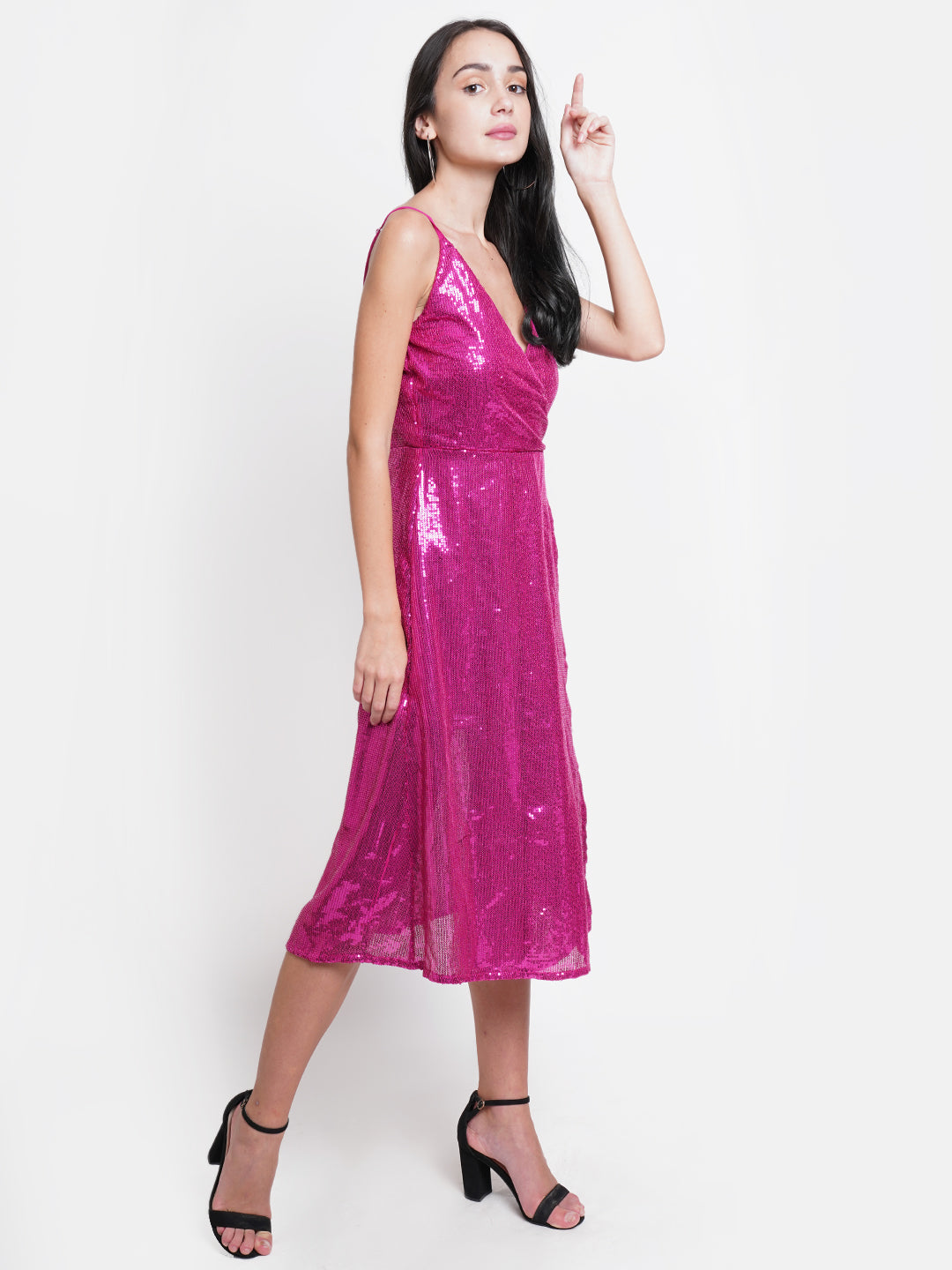 Hot Pink Sequin Midi Dress - V-Neck, Sleeveless, Party Ready
